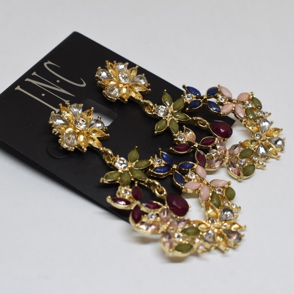 I.N.C. Gold-Tone Multi-Stone Drop Flower Earrings - Picture 2 of 3